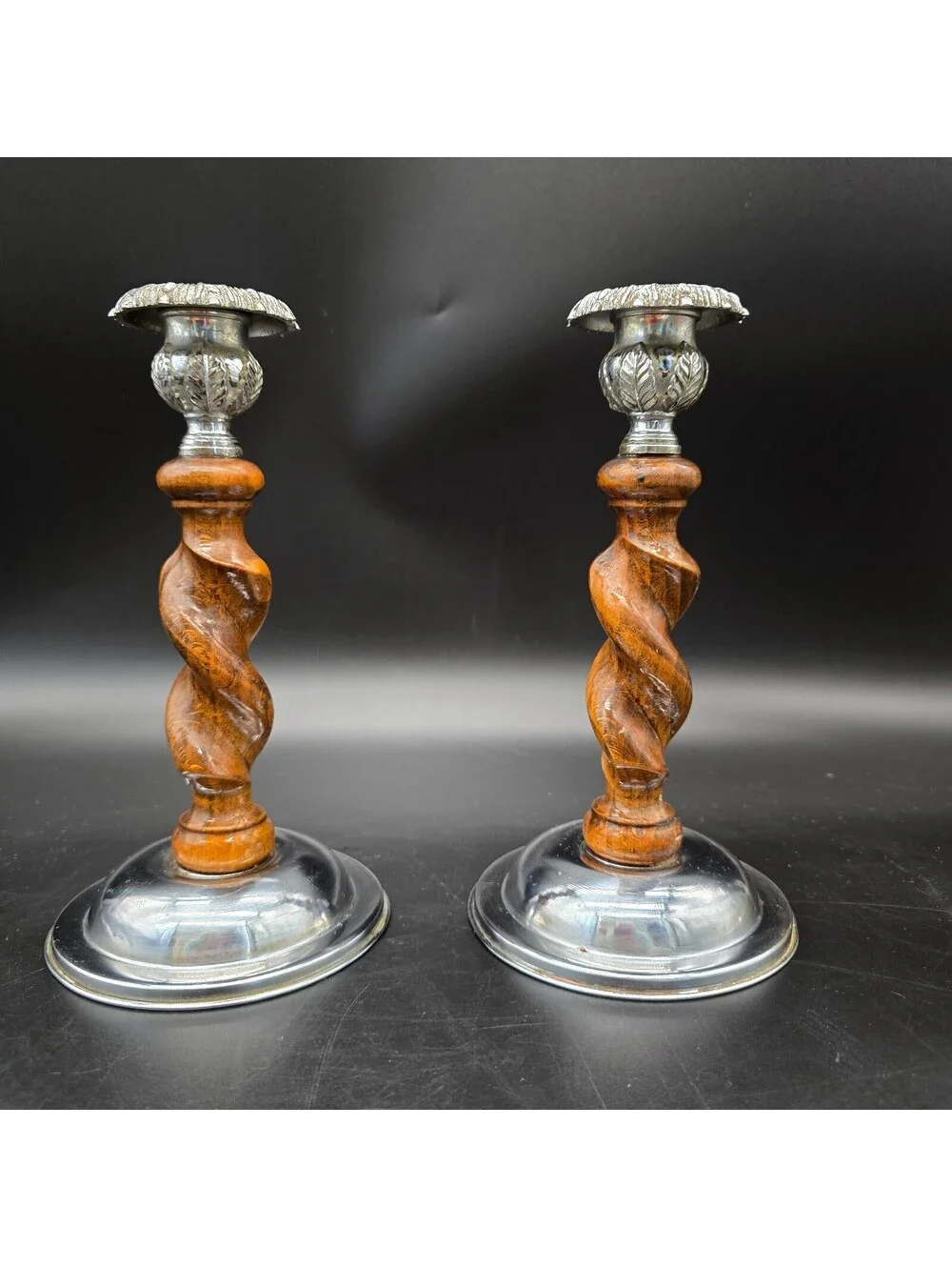 Vintage English Barley Twist Candlesticks Pair Oak Wood & Chrome Silver Art Deco